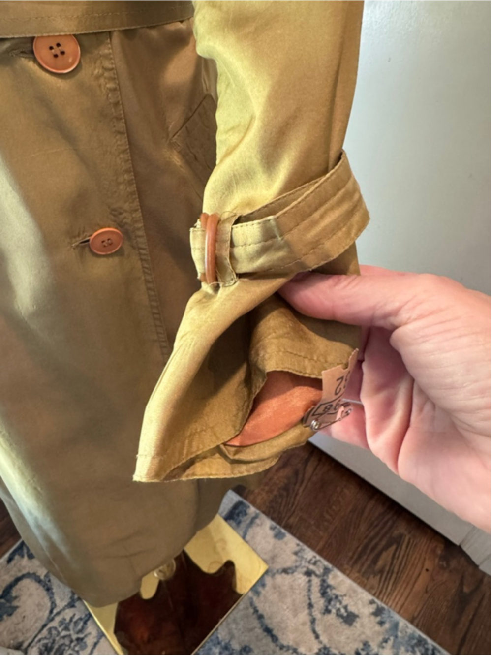 Vintage Silk Trench Coat Gold Bronze olive Iridescent Belted Duster Women’s L - Picture 8 of 16